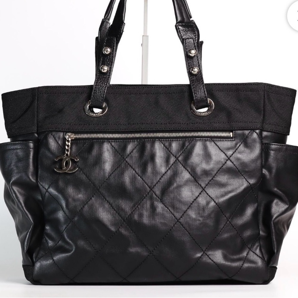 CHANEL Black Quilted Calfskin Leather Paris Biarritz Tote with CC Charm
